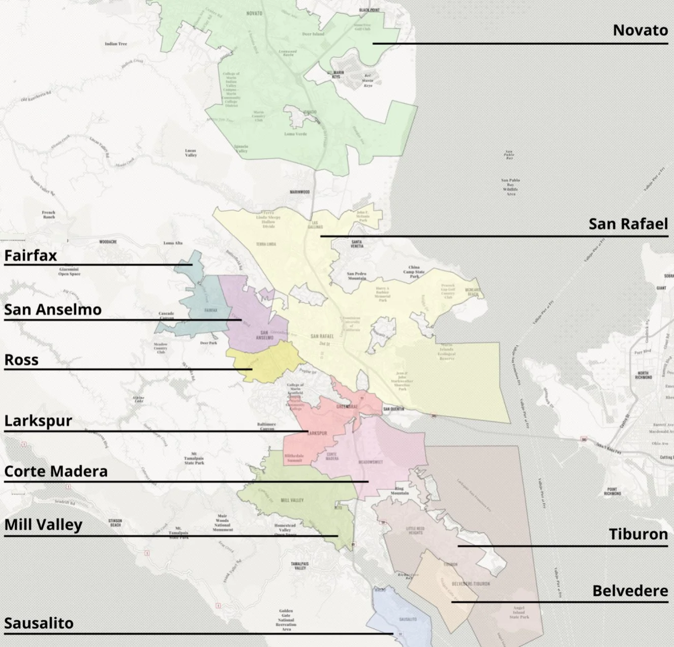 Map of Marin County service areas covered by UniFix Appliance Repair